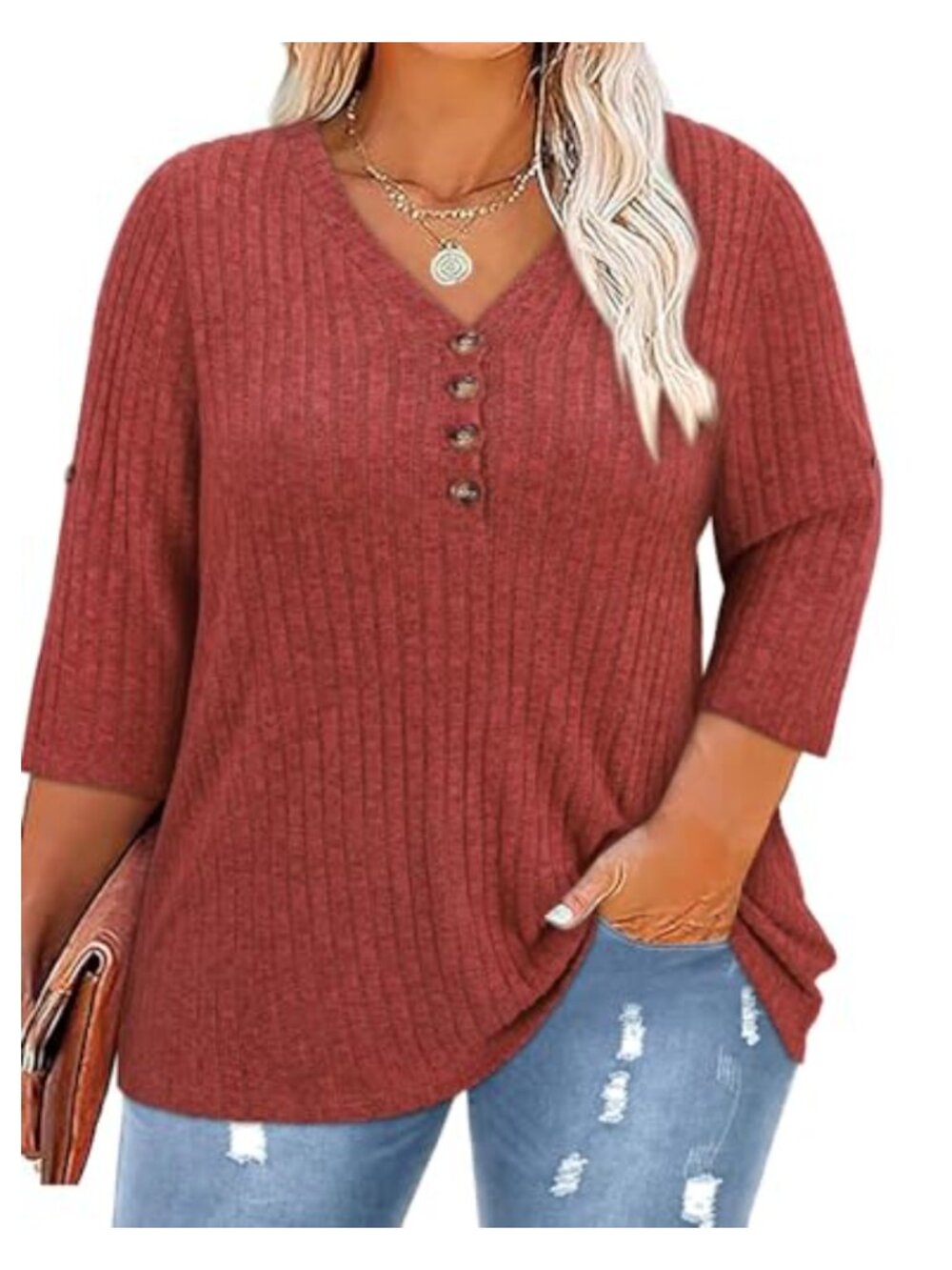Plus Size V Neck 3/4 Roll Sleeve Knit Tunic Sweater Casual Blouse